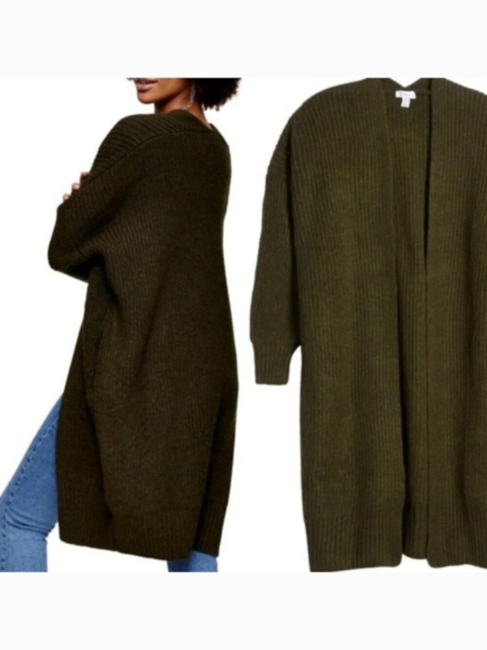 Topshop Olive Green Ribbed Open Front Cardigan with Pockets US 8-10